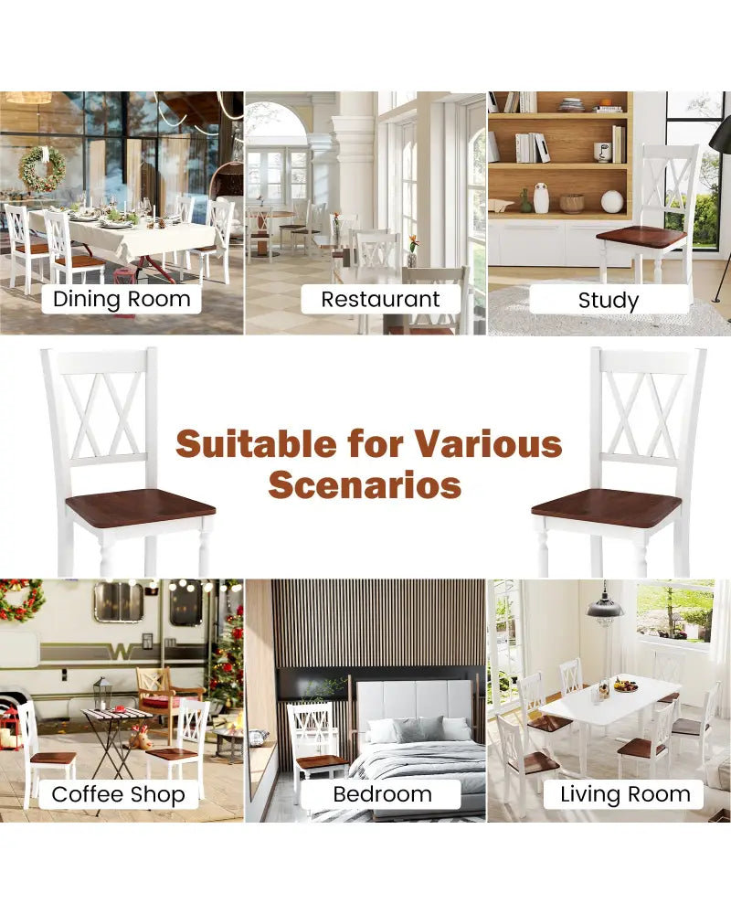 Set of 2 Wooden Farmhouse Kitchen Chairs with Rubber Wood Seat-2 Pieces - White - Dining Chairs
