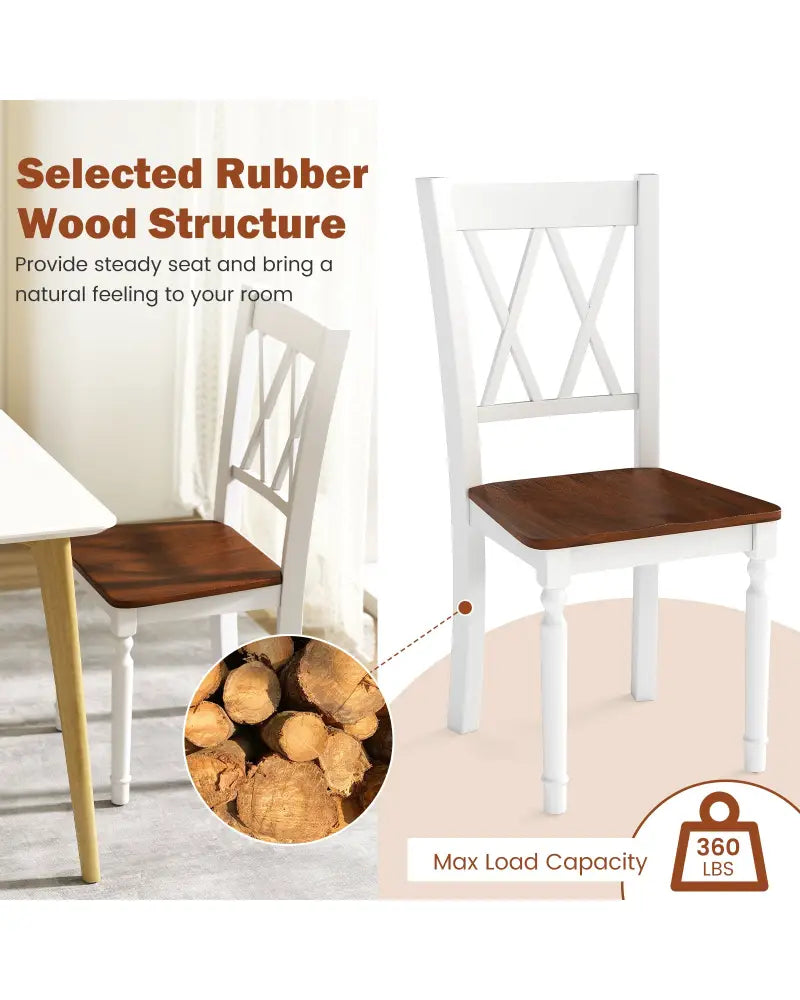 Set of 2 Wooden Farmhouse Kitchen Chairs with Rubber Wood Seat-2 Pieces - White - Dining Chairs