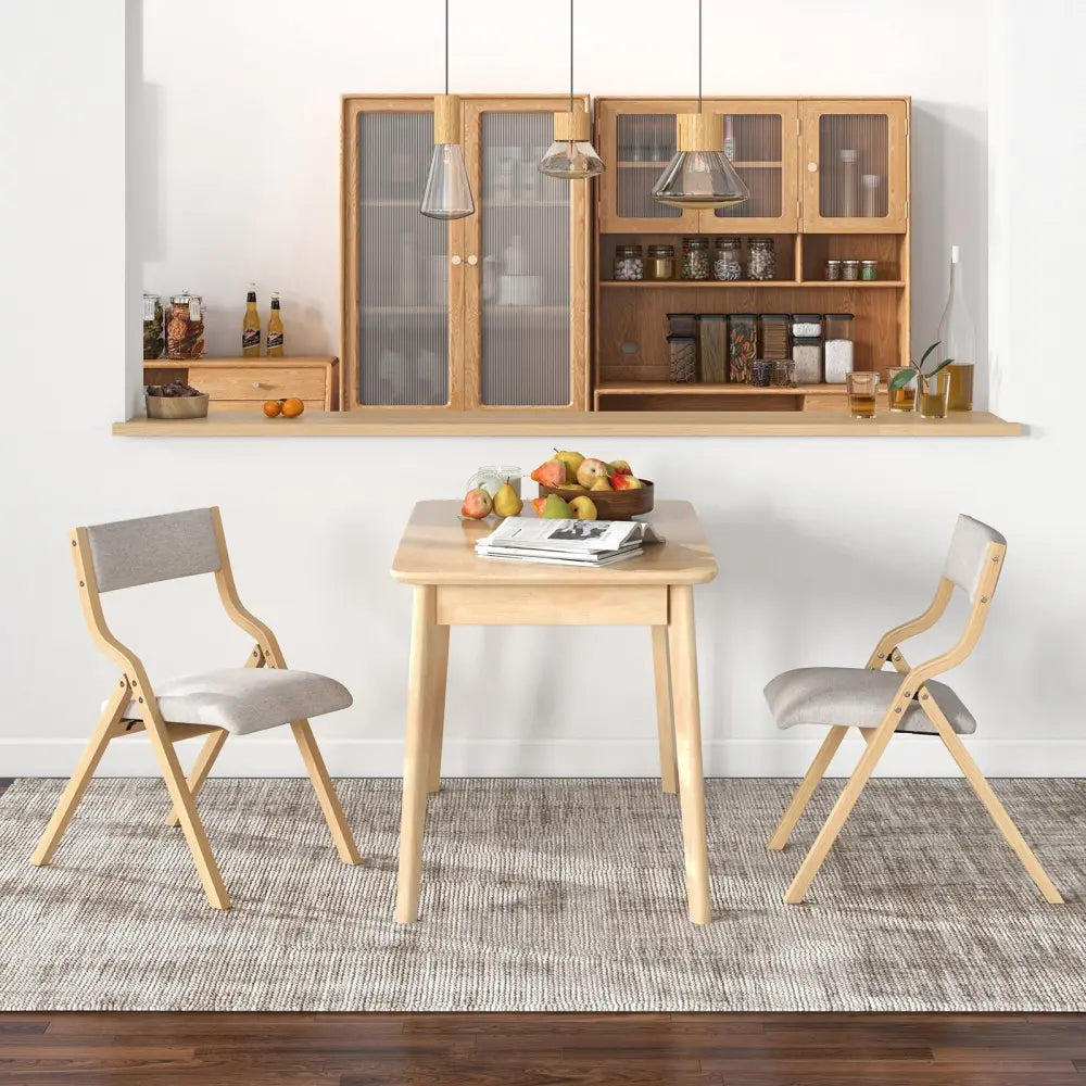 Set of 2 Wooden Folding Dining Chair with Linen Fabric Padded Seat and Backrest-Natural - Natural - Dining Chairs