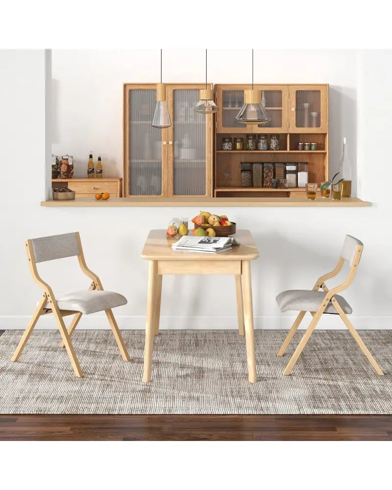 Set of 2 Wooden Folding Dining Chair with Linen Fabric Padded Seat and Backrest-Natural - Natural - Dining Chairs
