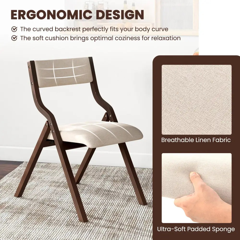 Set of 2 Wooden Folding Dining Chair with Linen Fabric Padded Seat and Backrest-Coffee - Coffee - Dining Chairs