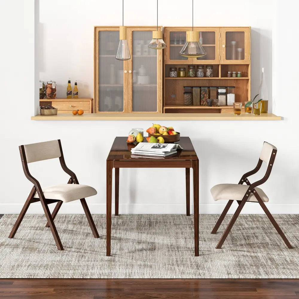 Set of 2 Wooden Folding Dining Chair with Linen Fabric Padded Seat and Backrest-Coffee - Coffee - Dining Chairs
