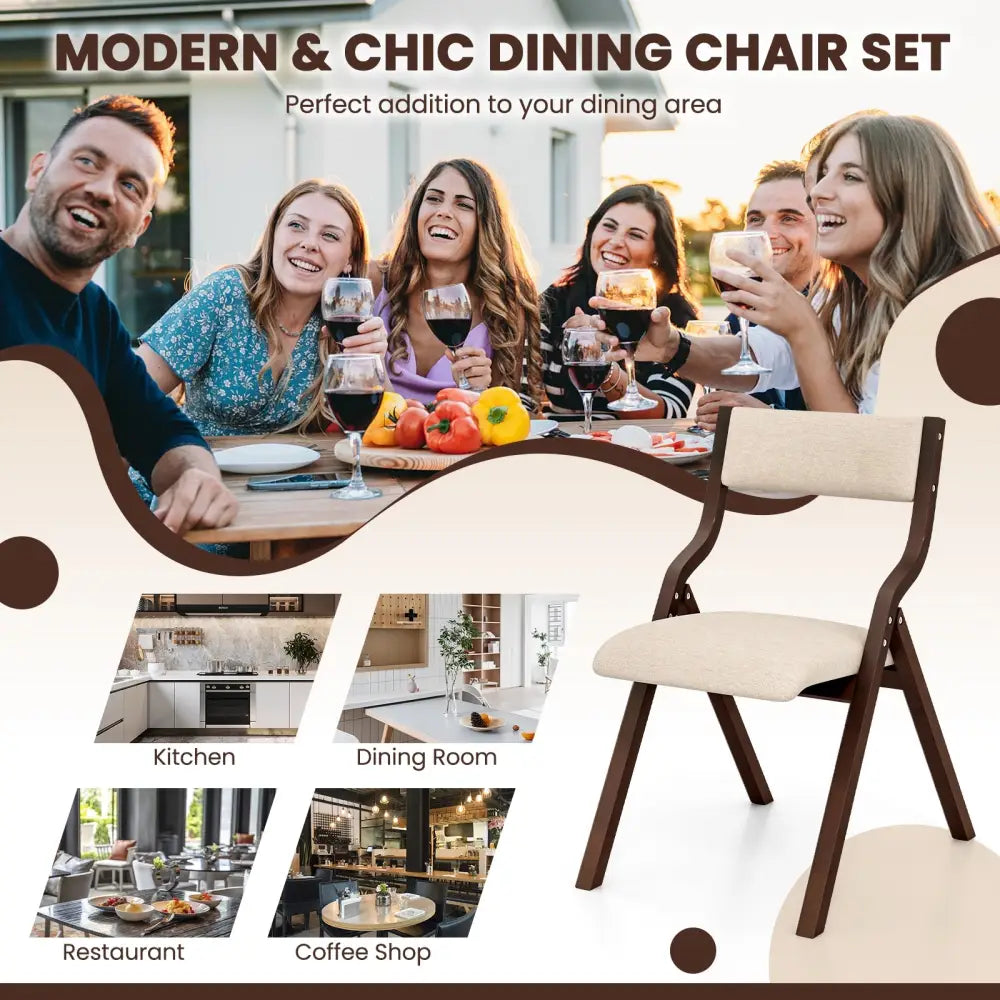 Set of 2 Wooden Folding Dining Chair with Linen Fabric Padded Seat and Backrest-Coffee - Coffee - Dining Chairs