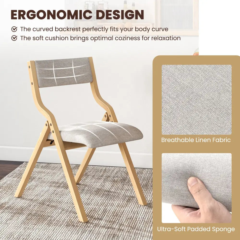 Set of 2 Wooden Folding Dining Chair with Linen Fabric Padded Seat and Backrest-Natural - Natural - Dining Chairs