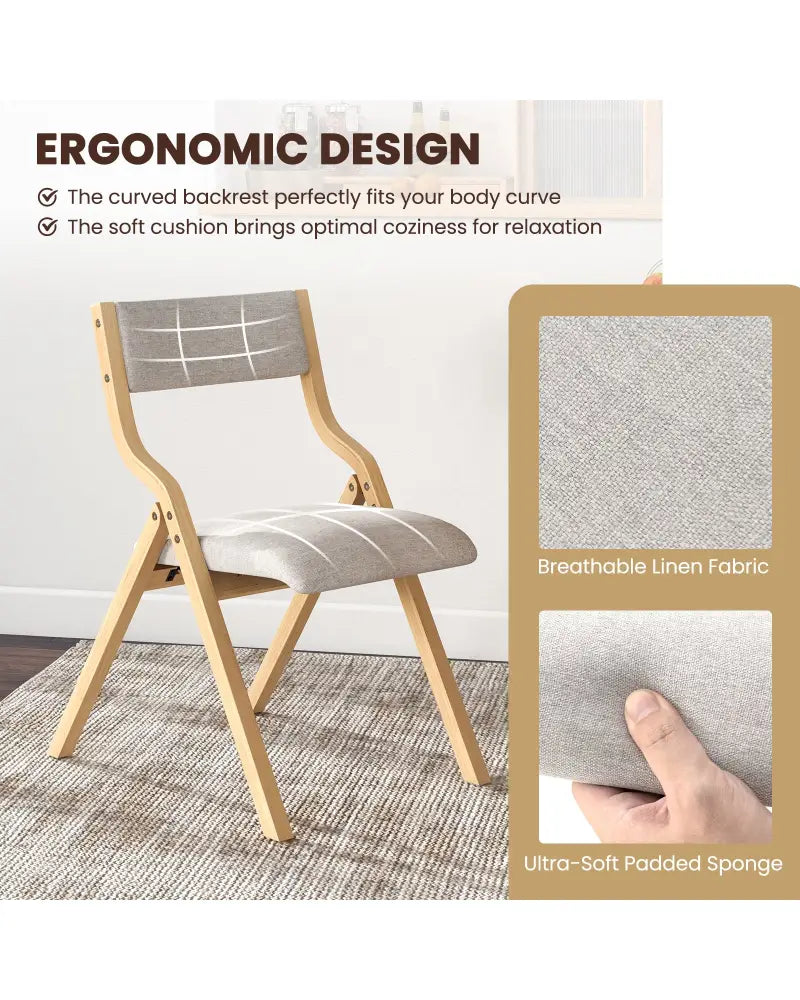 Set of 2 Wooden Folding Dining Chair with Linen Fabric Padded Seat and Backrest-Natural - Natural - Dining Chairs
