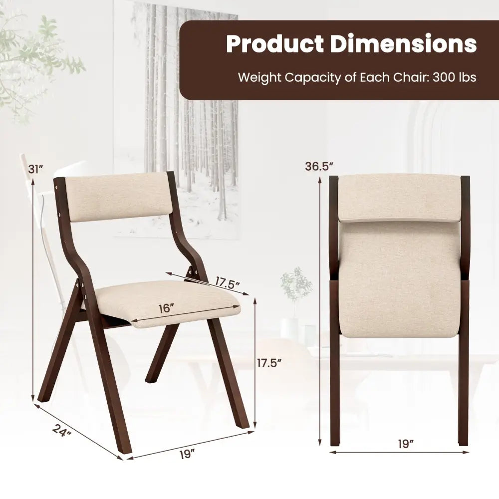 Set of 2 Wooden Folding Dining Chair with Linen Fabric Padded Seat and Backrest-Coffee - Coffee - Dining Chairs