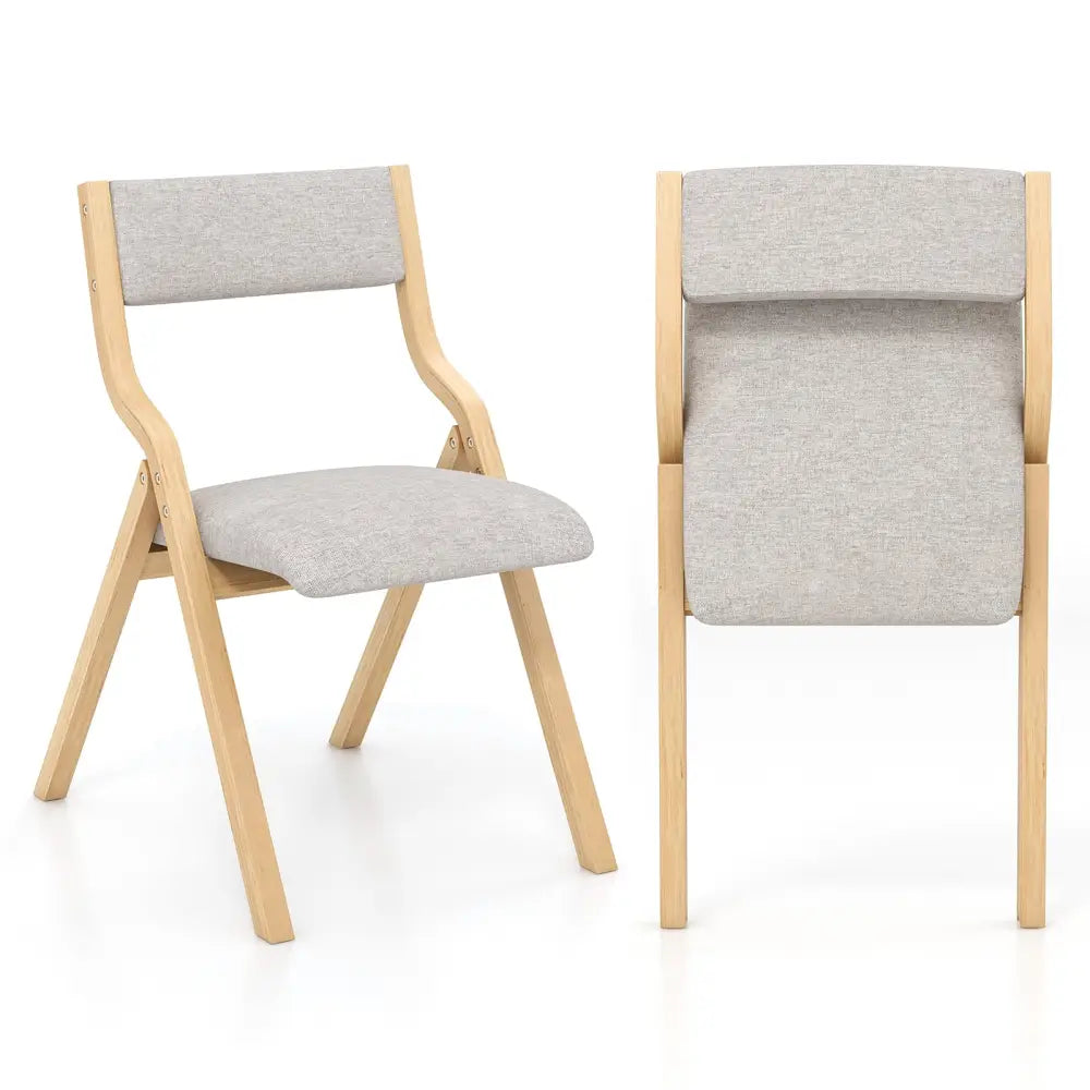 Set of 2 Wooden Folding Dining Chair with Linen Fabric Padded Seat and Backrest-Natural - Natural - Dining Chairs