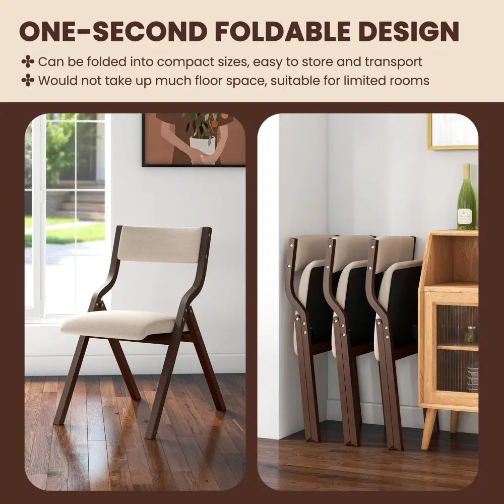 Set of 2 Wooden Folding Dining Chair with Linen Fabric Padded Seat and Backrest-Coffee - Coffee - Dining Chairs