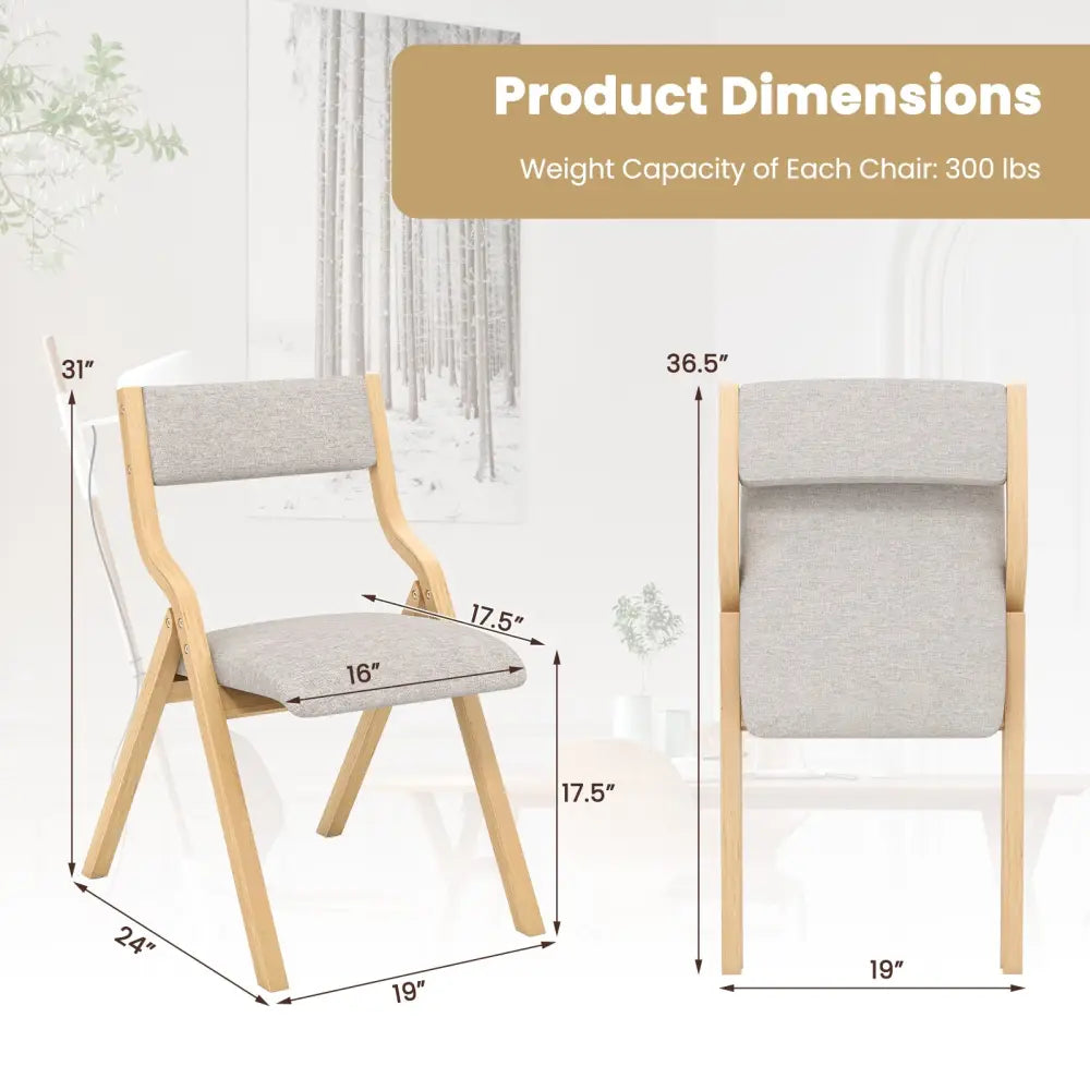 Set of 2 Wooden Folding Dining Chair with Linen Fabric Padded Seat and Backrest-Natural - Natural - Dining Chairs