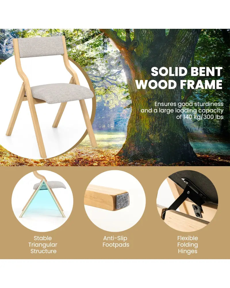 Set of 2 Wooden Folding Dining Chair with Linen Fabric Padded Seat and Backrest-Natural - Natural - Dining Chairs