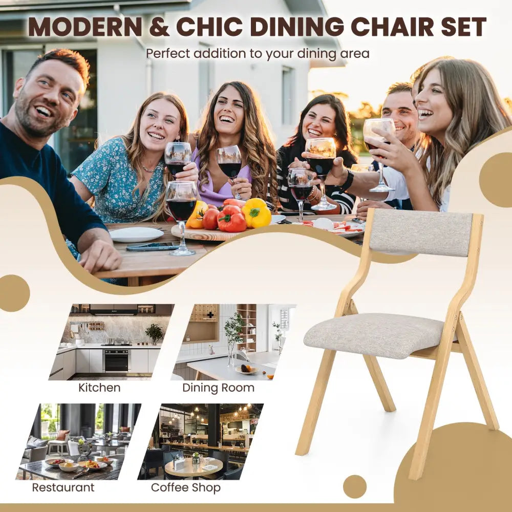Set of 2 Wooden Folding Dining Chair with Linen Fabric Padded Seat and Backrest-Natural - Natural - Dining Chairs
