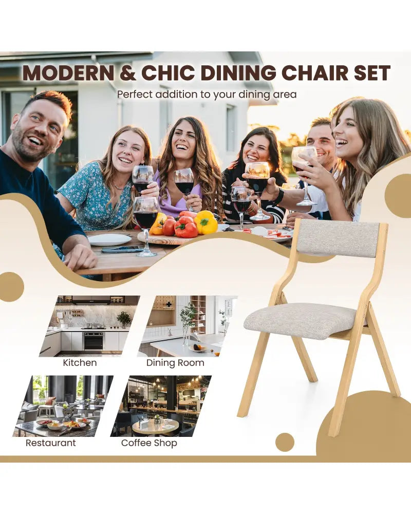 Set of 2 Wooden Folding Dining Chair with Linen Fabric Padded Seat and Backrest-Natural - Natural - Dining Chairs