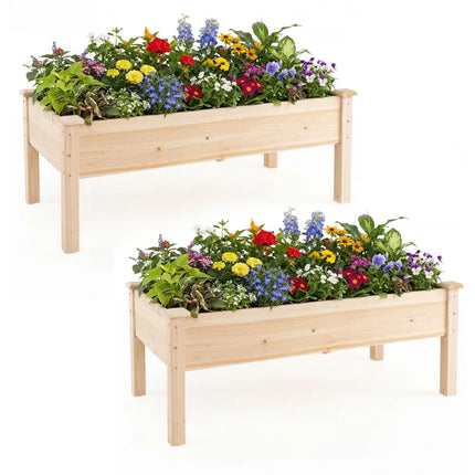 Set of 2 Wooden Raised Garden Bed with Legs Natural Fir Wood Elevated Planter Box - Natural - Raised Garden Beds