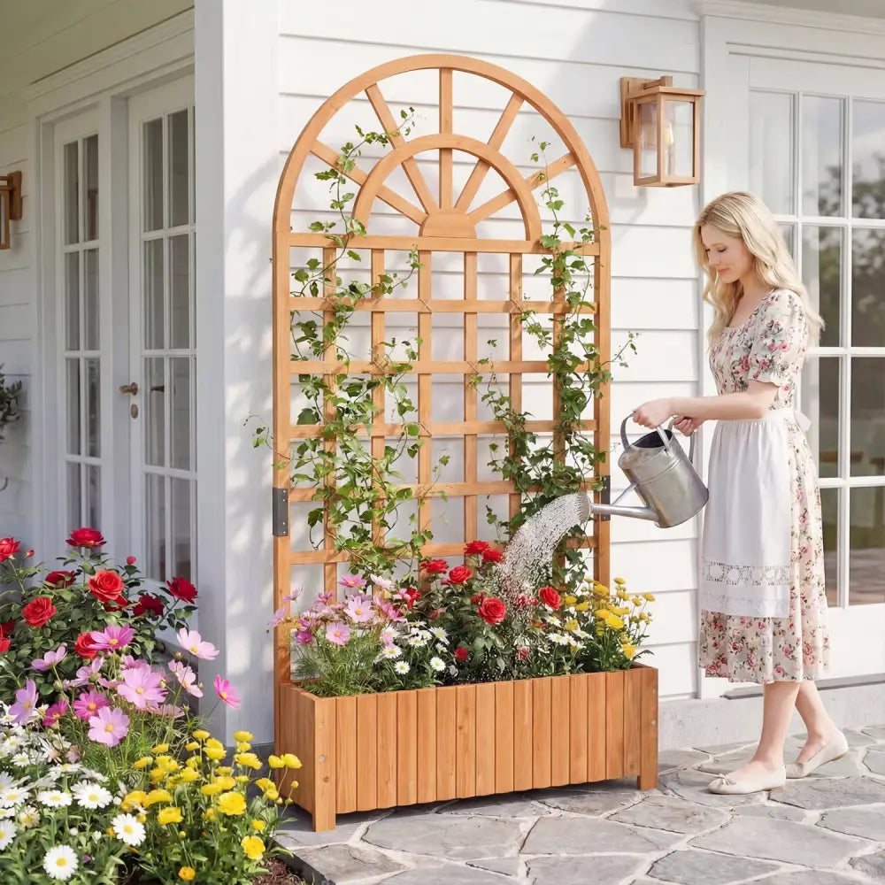 Set of 2 Wooden Raised Garden Bed with Trellis 71’’ Outdoor Planter Box Privacy Screen-Brown - Brown - Raised Garden