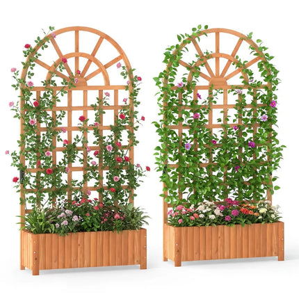 Set of 2 Wooden Raised Garden Bed with Trellis 71’’ Outdoor Planter Box Privacy Screen-Brown - Brown - Raised Garden