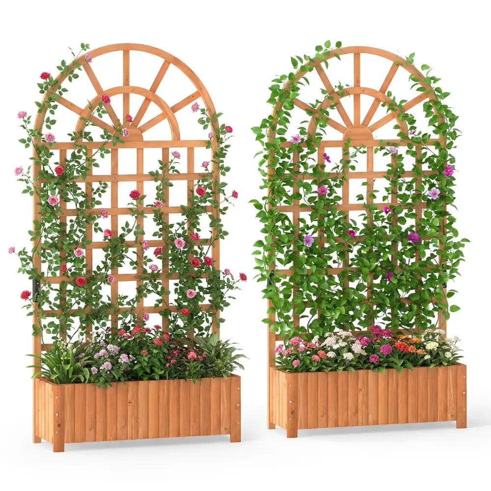 Set of 2 Wooden Raised Garden Bed with Trellis 71’’ Outdoor Planter Box Privacy Screen-Brown - Brown - Raised Garden