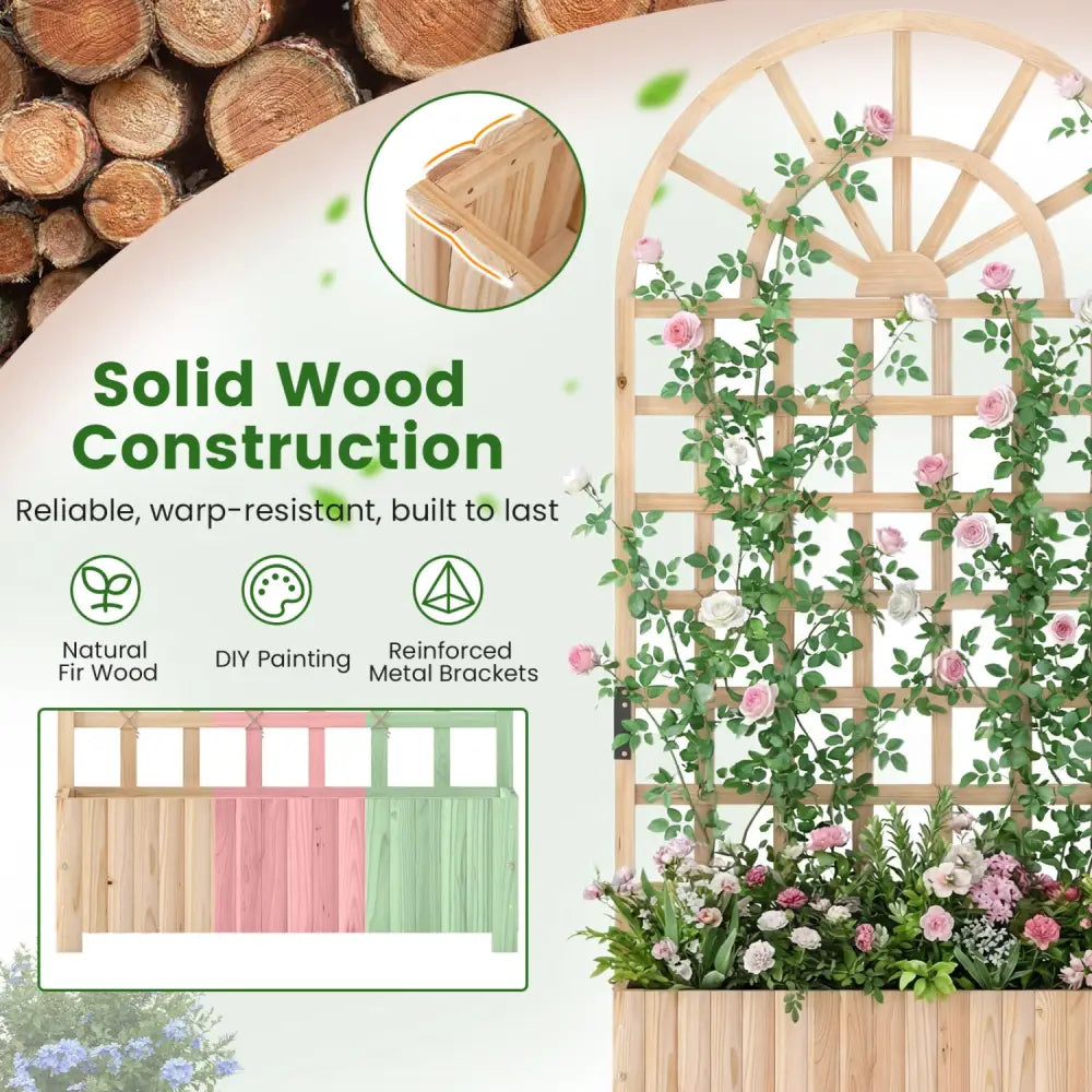 Set of 2 Wooden Raised Garden Bed with Trellis 71’’ Outdoor Planter Box Privacy Screen-Natural - Natural - Raised