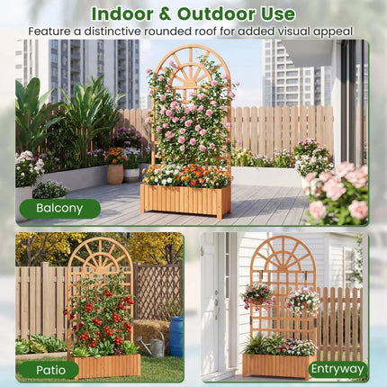 Set of 2 Wooden Raised Garden Bed with Trellis 71’’ Outdoor Planter Box Privacy Screen-Brown - Brown - Raised Garden