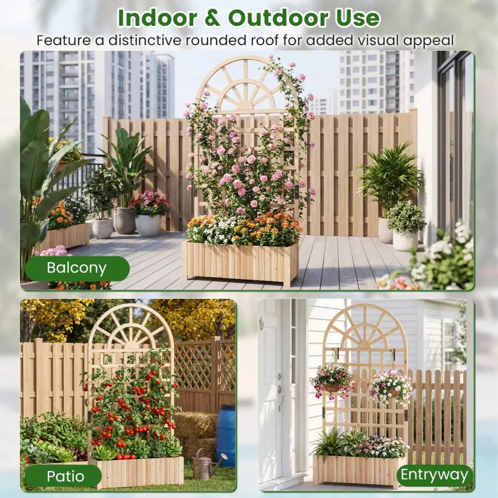 Set of 2 Wooden Raised Garden Bed with Trellis 71’’ Outdoor Planter Box Privacy Screen-Natural - Natural - Raised