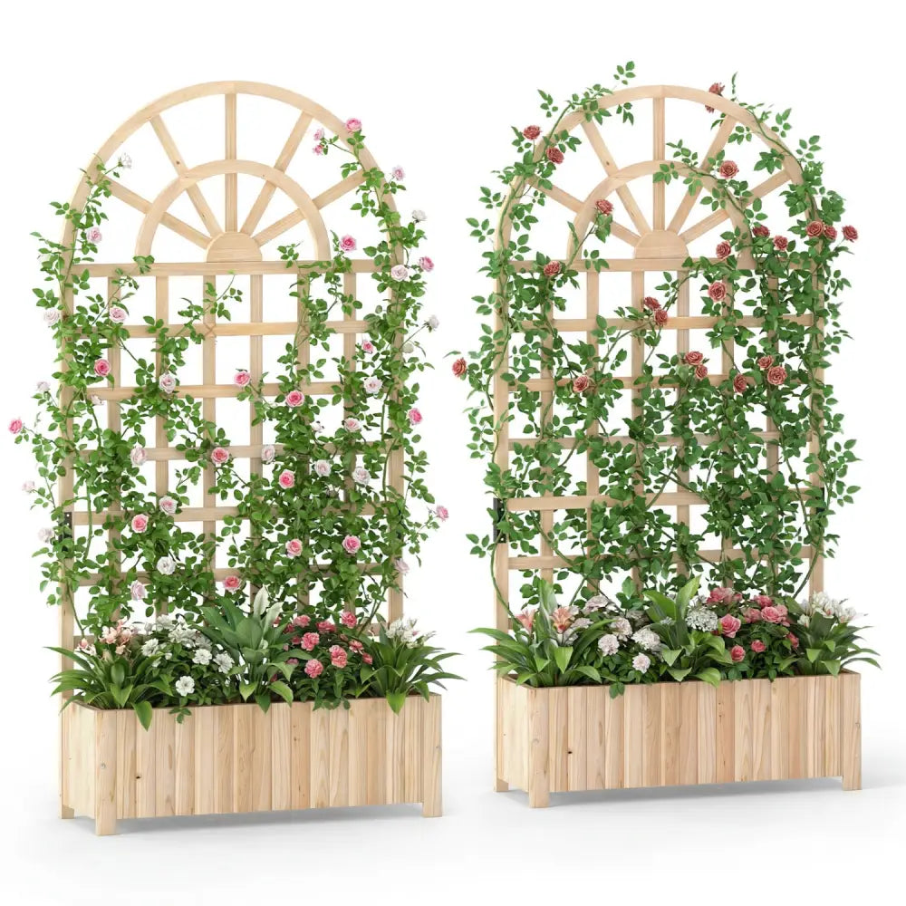 Set of 2 Wooden Raised Garden Bed with Trellis 71’’ Outdoor Planter Box Privacy Screen-Natural - Natural - Raised