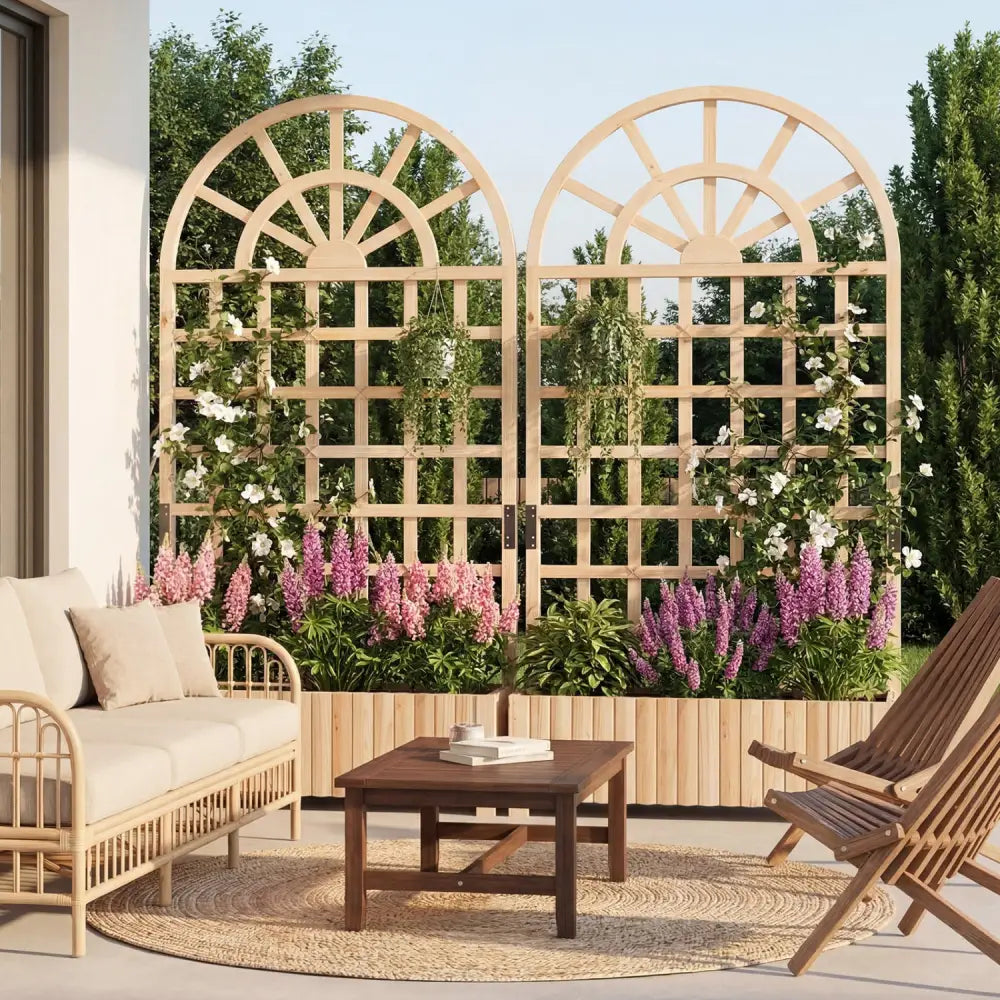 Set of 2 Wooden Raised Garden Bed with Trellis 71’’ Outdoor Planter Box Privacy Screen-Natural - Natural - Raised