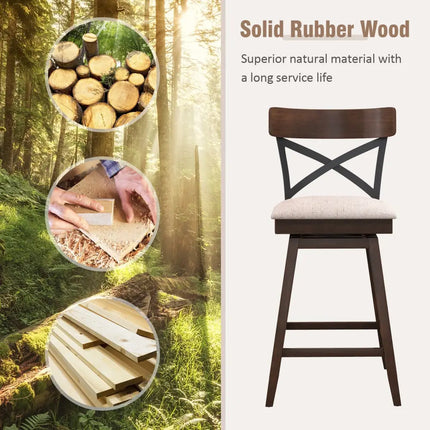 Set of 2 Wooden Swivel Bar Stools with Cushioned Seat and Open X Back-25 inches - Brown - Bar Stools