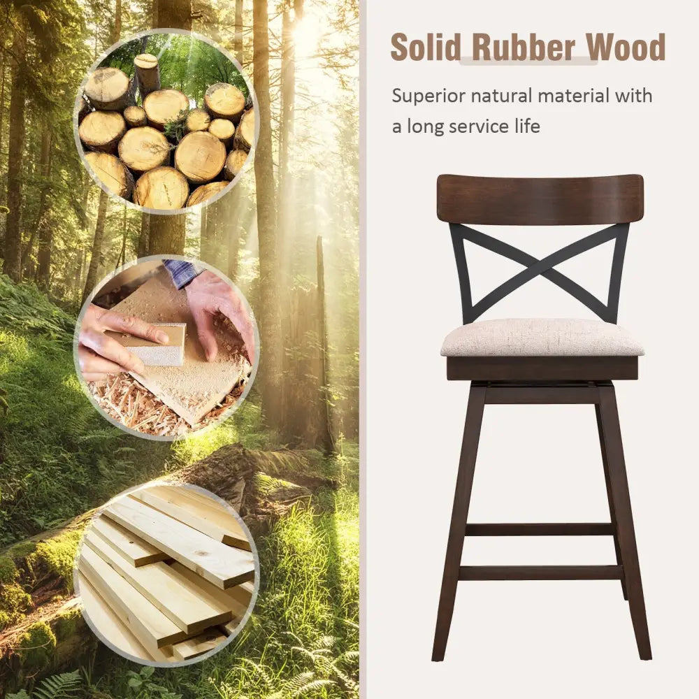 Set of 2 Wooden Swivel Bar Stools with Cushioned Seat and Open X Back-25 inches - Brown - Bar Stools