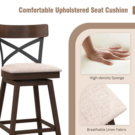Set of 2 Wooden Swivel Bar Stools with Cushioned Seat and Open X Back-25 inches - Brown - Bar Stools