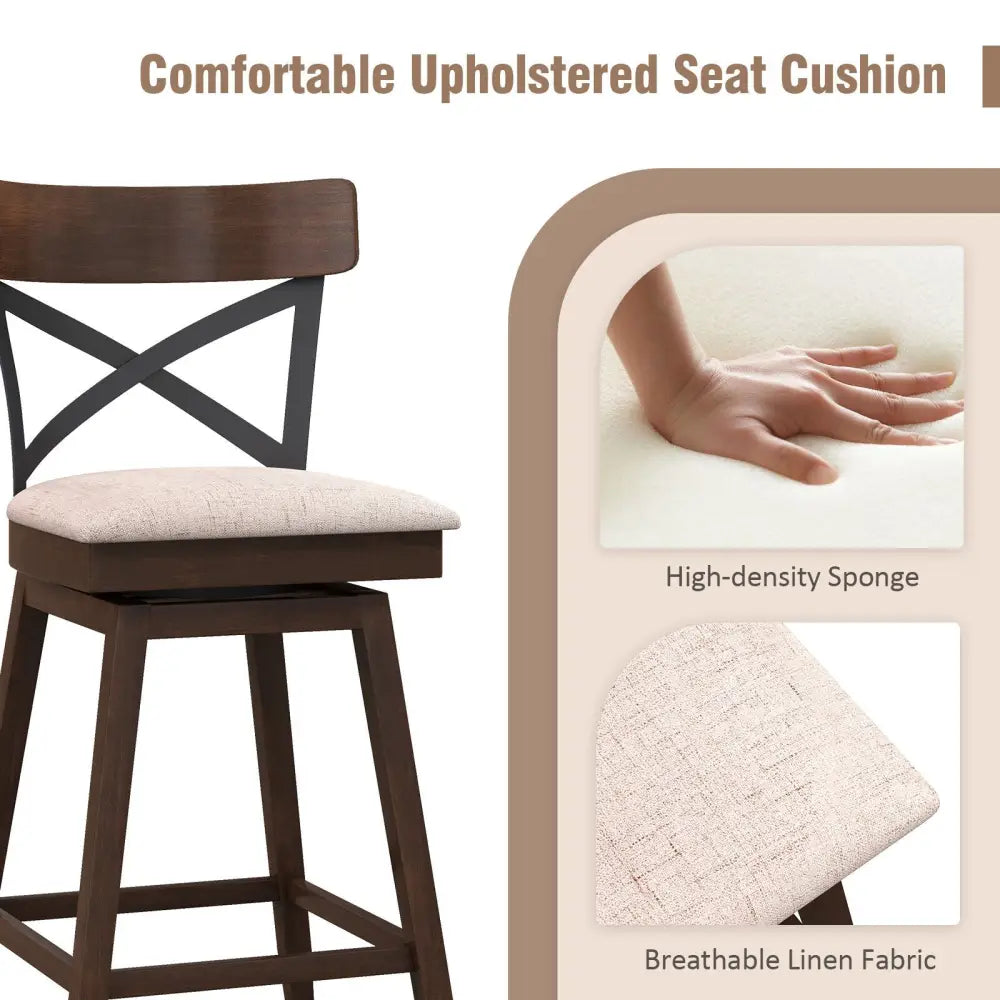 Set of 2 Wooden Swivel Bar Stools with Cushioned Seat and Open X Back-25 inches - Brown - Bar Stools