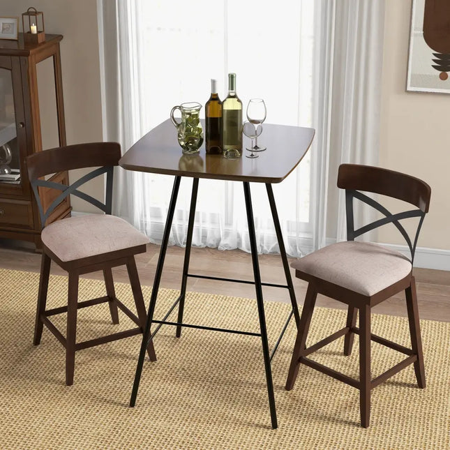 Set of 2 Wooden Swivel Bar Stools with Cushioned Seat and Open X Back-25 inches - Brown - Bar Stools