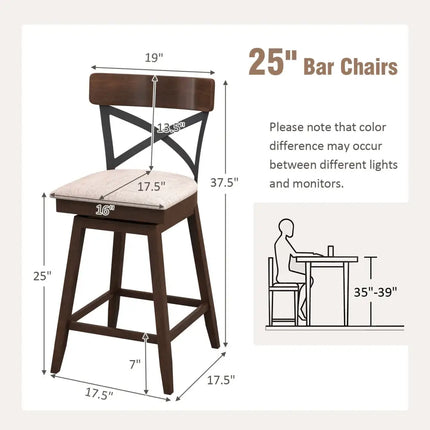 Set of 2 Wooden Swivel Bar Stools with Cushioned Seat and Open X Back-25 inches - Brown - Bar Stools