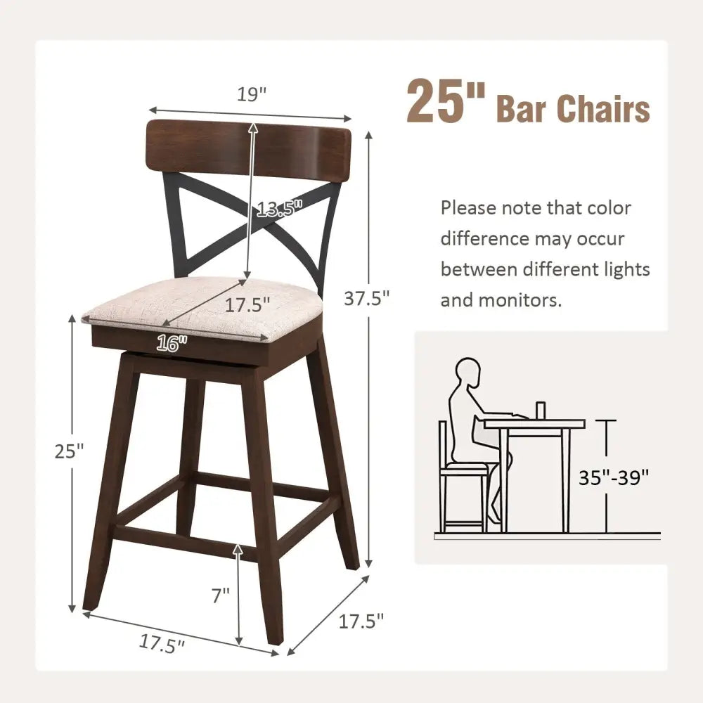 Set of 2 Wooden Swivel Bar Stools with Cushioned Seat and Open X Back-25 inches - Brown - Bar Stools