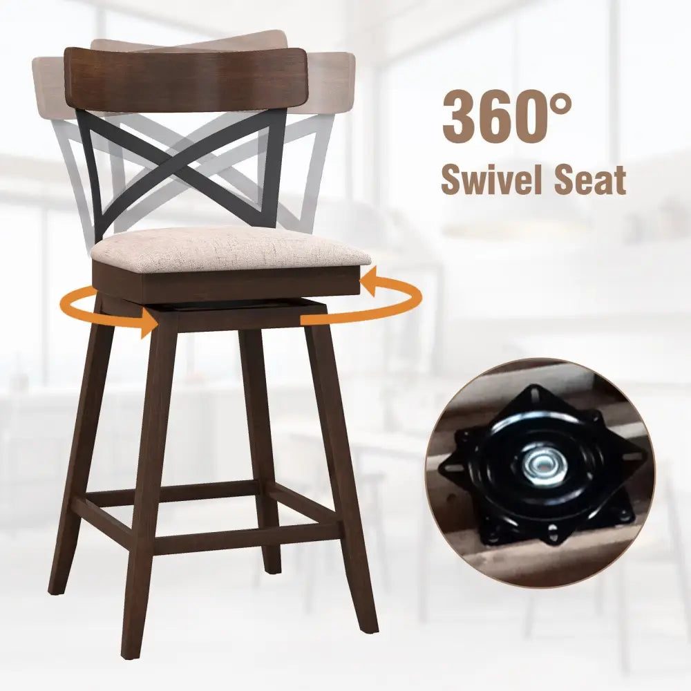 Set of 2 Wooden Swivel Bar Stools with Cushioned Seat and Open X Back-25 inches - Brown - Bar Stools