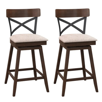 Set of 2 Wooden Swivel Bar Stools with Cushioned Seat and Open X Back-25 inches - Brown - Bar Stools
