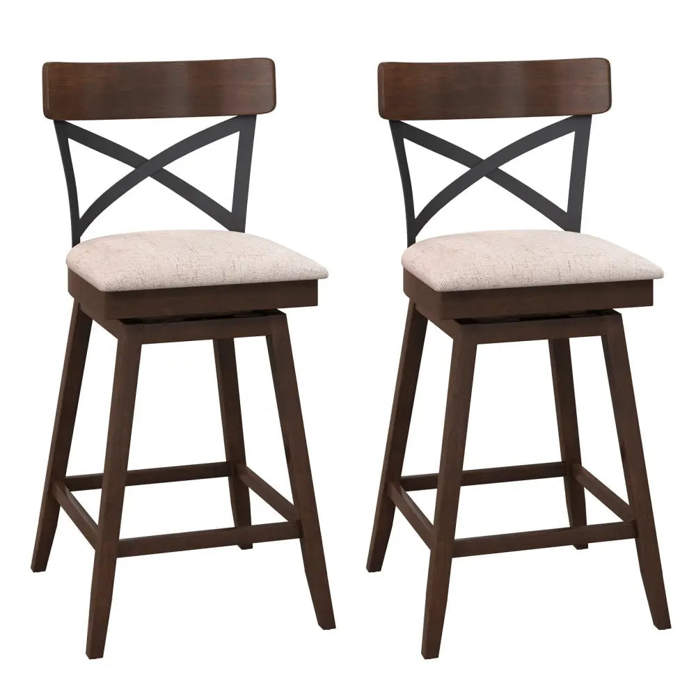 Set of 2 Wooden Swivel Bar Stools with Cushioned Seat and Open X Back-25 inches - Brown - Bar Stools