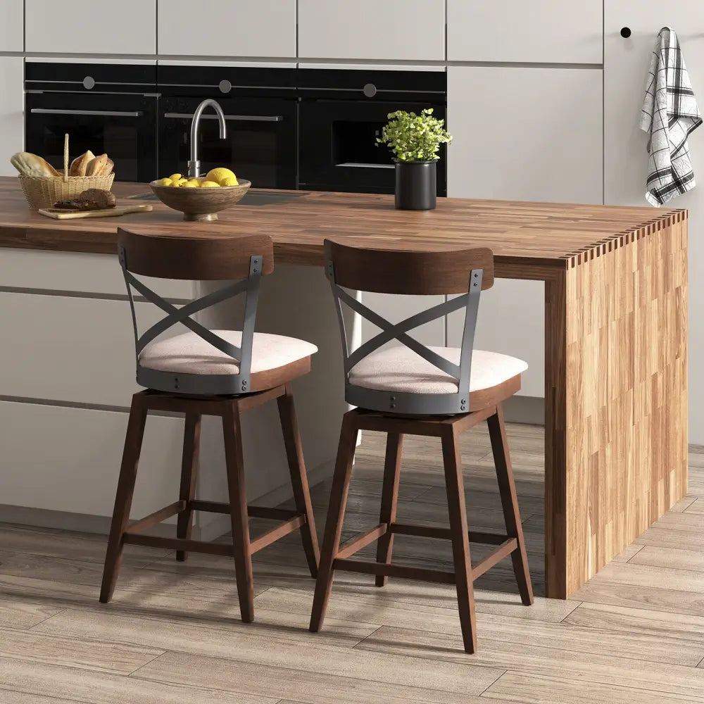 Set of 2 Wooden Swivel Bar Stools with Cushioned Seat and Open X Back-25 inches - Brown - Bar Stools