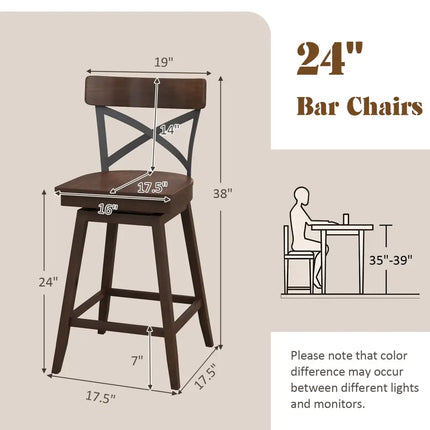 Set of 2 Wooden Swivel Bar Stools with Open X Back and Footrest-24 inches - Brown - Bar Stools