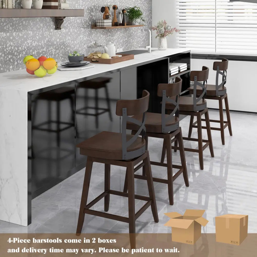 Set of 2 Wooden Swivel Bar Stools with Open X Back and Footrest-24 inches - Brown - Bar Stools