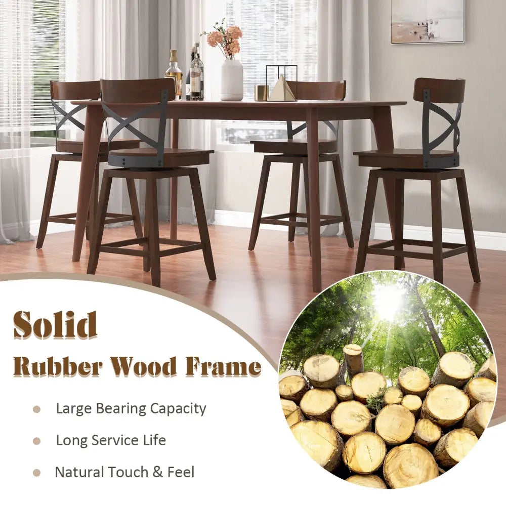 Set of 2 Wooden Swivel Bar Stools with Open X Back and Footrest-24 inches - Brown - Bar Stools
