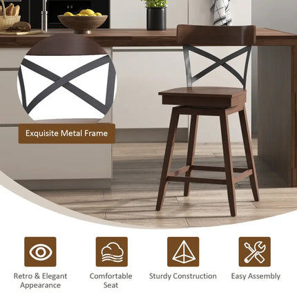 Set of 2 Wooden Swivel Bar Stools with Open X Back and Footrest-24 inches - Brown - Bar Stools