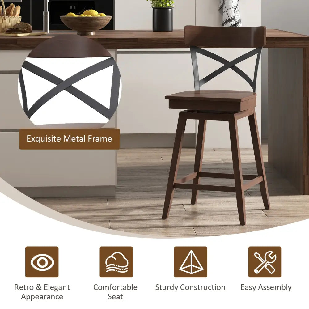 Set of 2 Wooden Swivel Bar Stools with Open X Back and Footrest-24 inches - Brown - Bar Stools