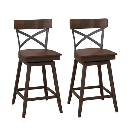 Set of 2 Wooden Swivel Bar Stools with Open X Back and Footrest-24 inches - Brown - Bar Stools