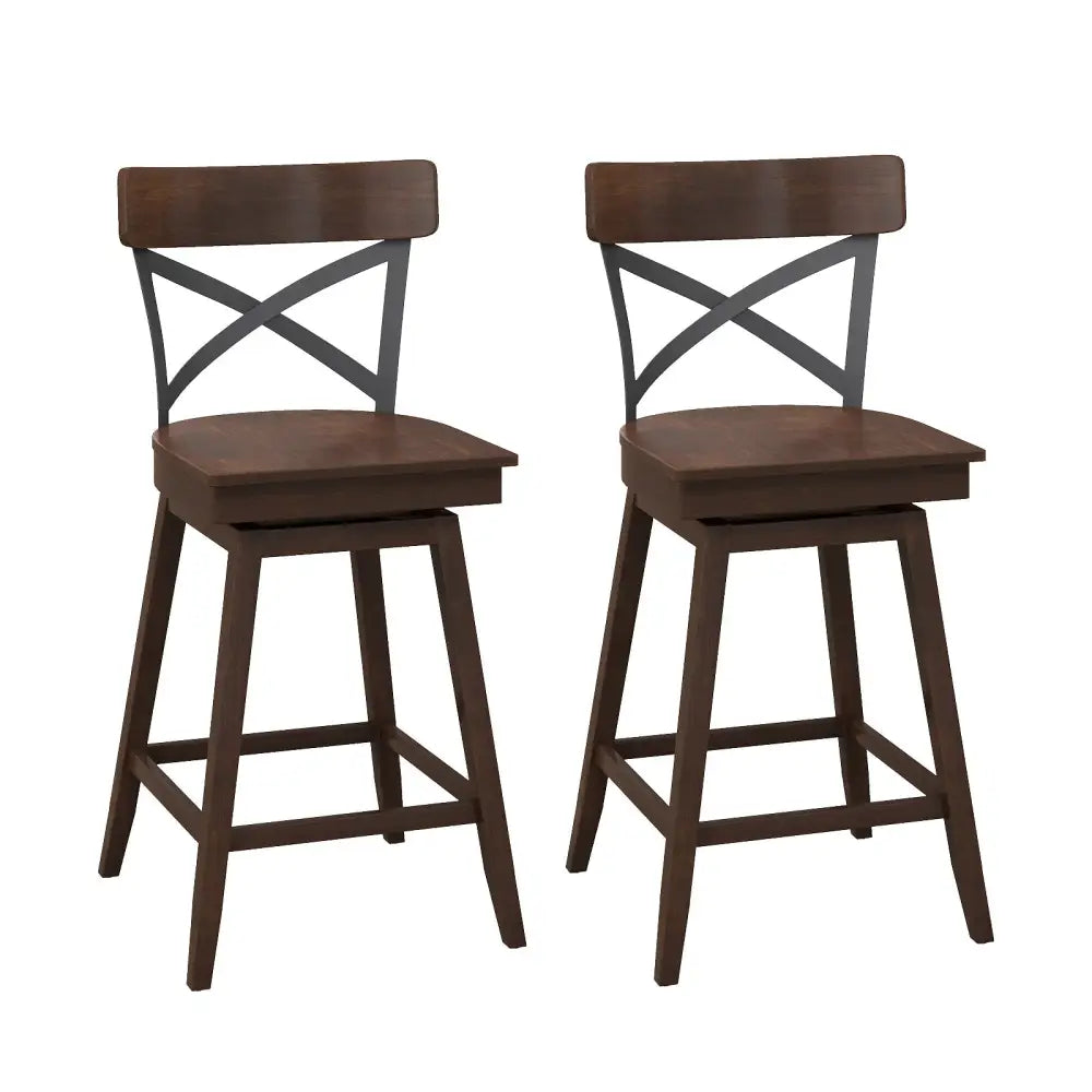 Set of 2 Wooden Swivel Bar Stools with Open X Back and Footrest-24 inches - Brown - Bar Stools