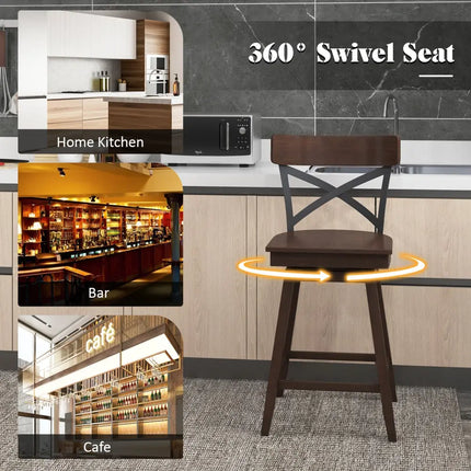 Set of 2 Wooden Swivel Bar Stools with Open X Back and Footrest-24 inches - Brown - Bar Stools