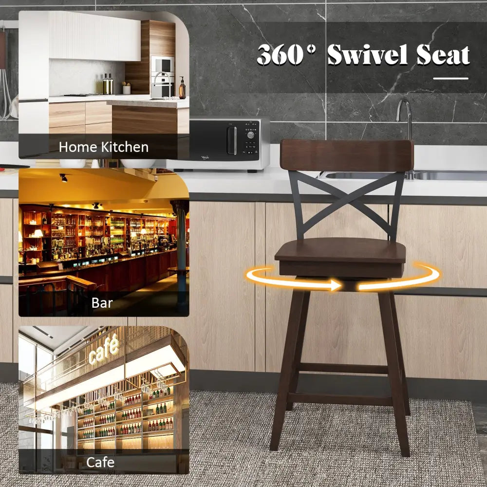 Set of 2 Wooden Swivel Bar Stools with Open X Back and Footrest-24 inches - Brown - Bar Stools