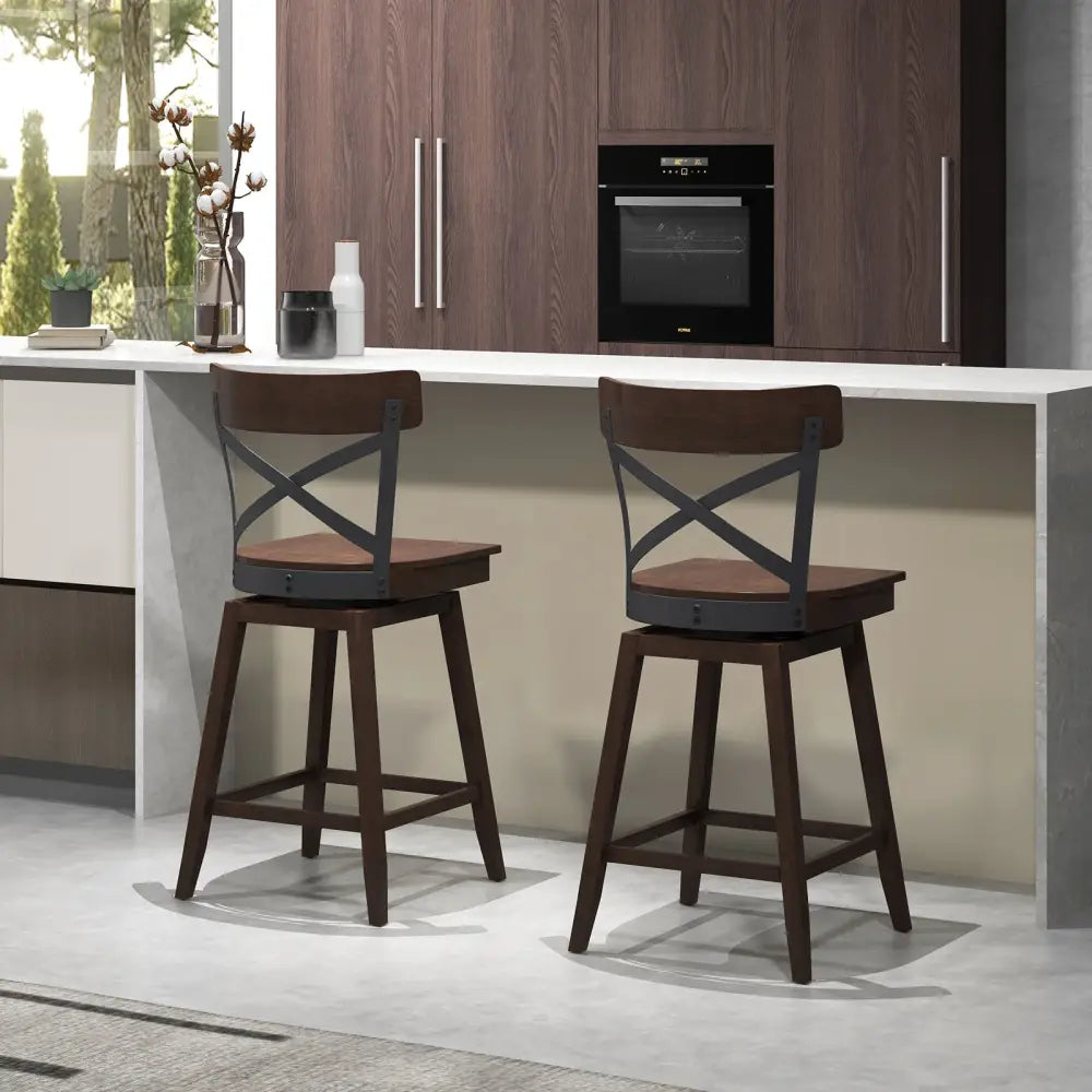 Set of 2 Wooden Swivel Bar Stools with Open X Back and Footrest-24 inches - Brown - Bar Stools