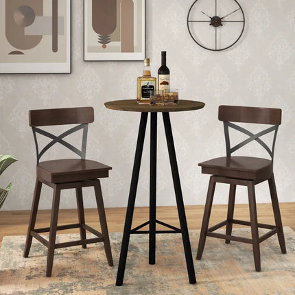 Set of 2 Wooden Swivel Bar Stools with Open X Back and Footrest-24 inches - Brown - Bar Stools