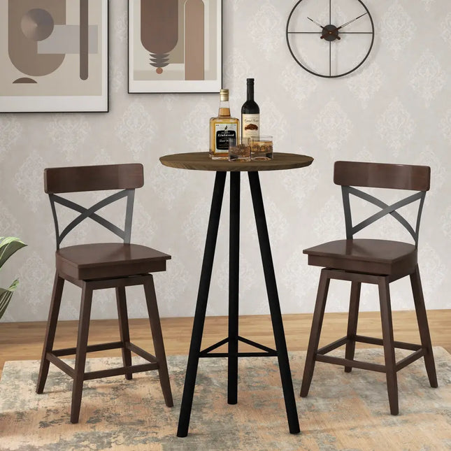 Set of 2 Wooden Swivel Bar Stools with Open X Back and Footrest-24 inches - Brown - Bar Stools