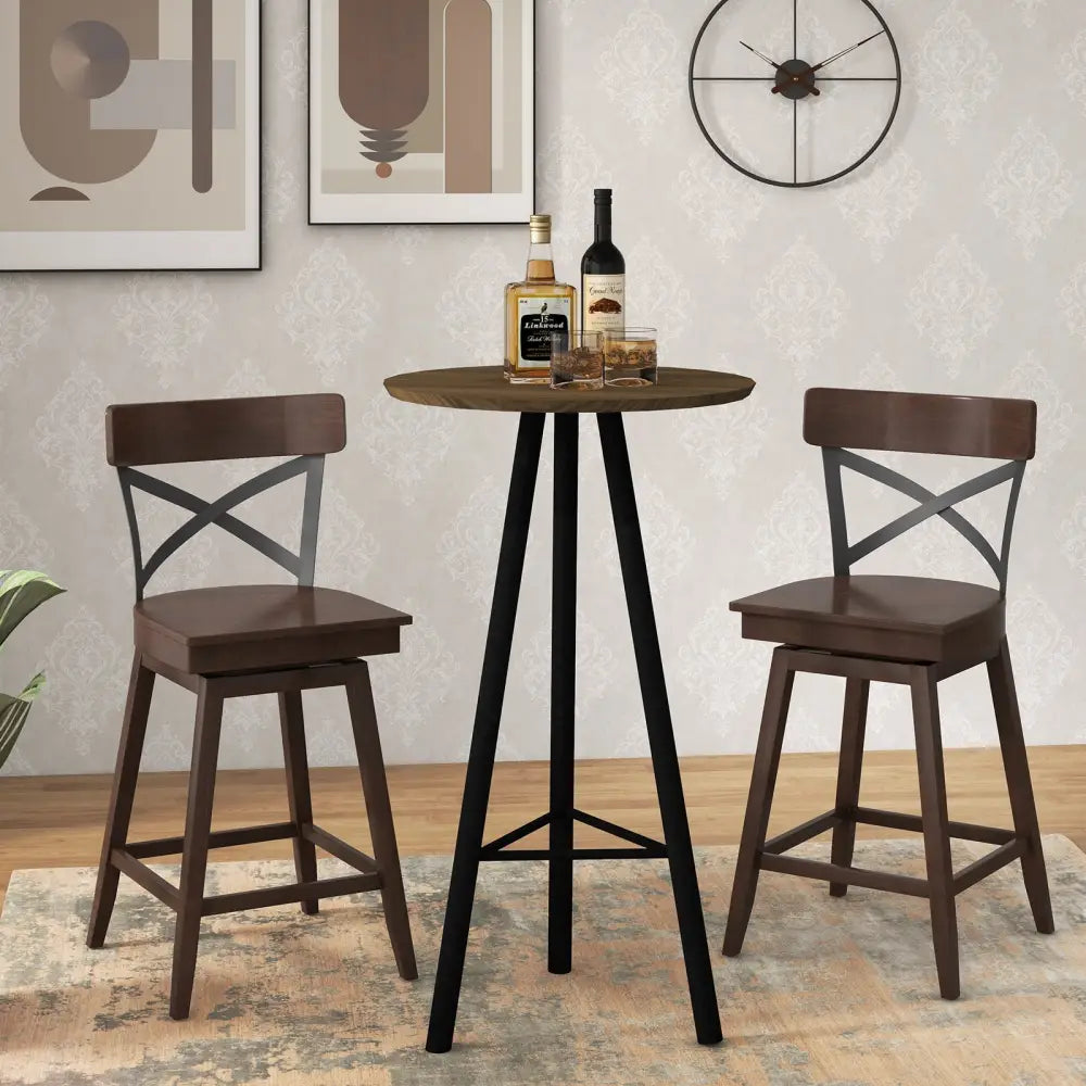 Set of 2 Wooden Swivel Bar Stools with Open X Back and Footrest-24 inches - Brown - Bar Stools