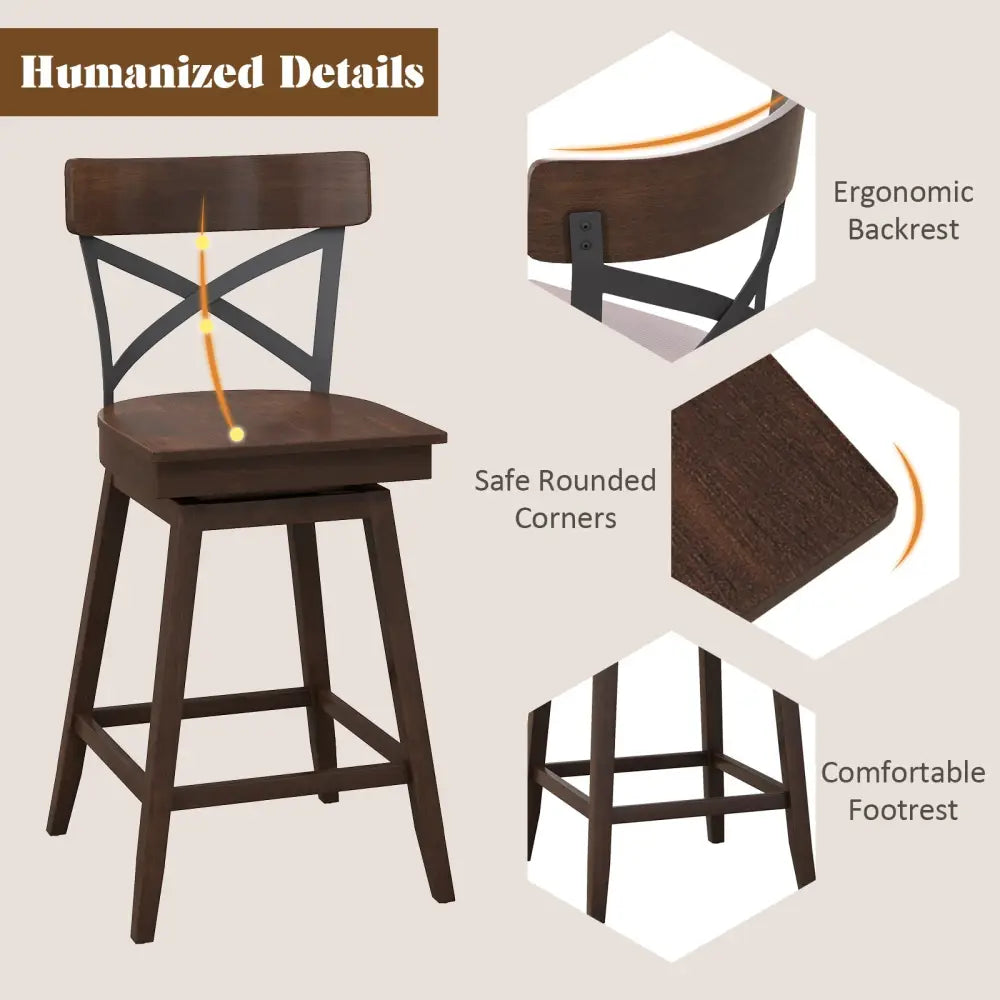 Set of 2 Wooden Swivel Bar Stools with Open X Back and Footrest-24 inches - Brown - Bar Stools